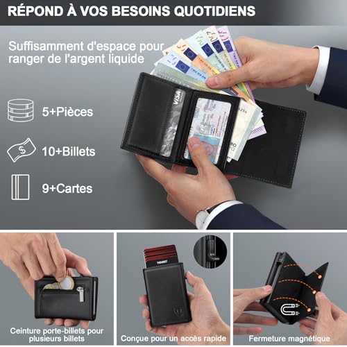Portefeuille Homme en Cuir, Porte-Cartes avec Blocage RFID, 8 Porte Carte Crédit, Porte Carte Bancaire avec Compartiment à Billets et Poche à Monnaie, Cadeau Papa Fete des Peres - Boîte Cadeau