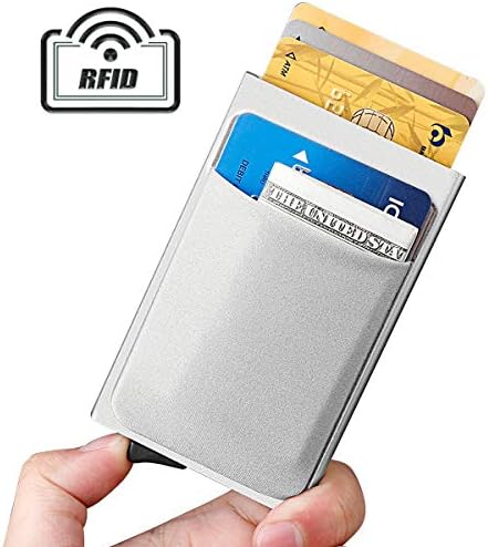 Credit Card Holder, Black RFID Blocking Slim Wallet, Card Case, Aluminum Business Card Holder Automatic Pop-up for Men and Women EDC (Silver)