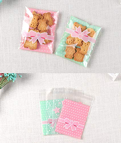 NUOMI 200Pcs Self Adhesive Cellophane Bags, Resealable Cookie Treat Bags for Gift Giving, 3.9"x3.1" Poly Bags Good for Bakery Candle Soap Candy, Pink&Green Polka Dots with Bow Decoration - Thumbnail 4