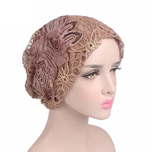 Wcysin Women Embroidery Net Turbans Headwear Head Scarf Head wraps Cancer Hats (Beige)