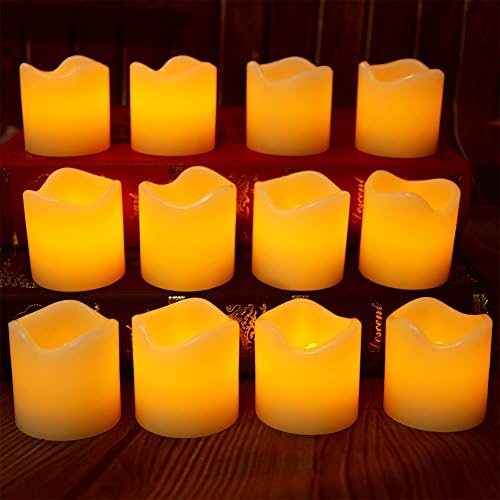 【Real Wax 6H Timer】Flickering Real Wax Flameless Tealights Candles Battery Operated Votive Candles Tea Lights 12 Pack Amber Yellow Flame(Dia. 2"x2" Height)