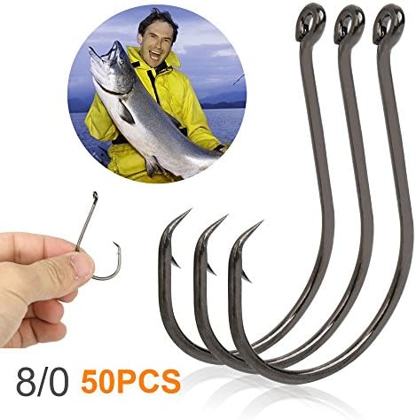 Fishing Octopus Hooks, iwolkon Offset Circle Extra Sharp Black High Carbon Steel for Saltwater Boat Fishing 1/0-10/0 50 Pack (8/0)