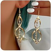 Elegant Spiral Long Drop Earrings, Gold-Tone with Crystal Accents, Twisted Double Helix Design, Statement Dangle Fashion Jewelry
