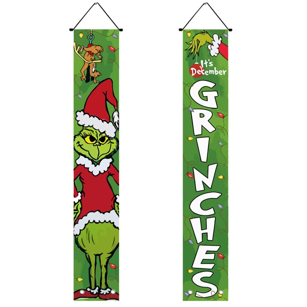 Merry Christmas Porch Sign - Gri-nch Christmas Banners Hanging Flag, Xmas Decorations, 12 X 72 Inches Xmas Decor for Yard Indoor Outdoor Party Front Door Wall