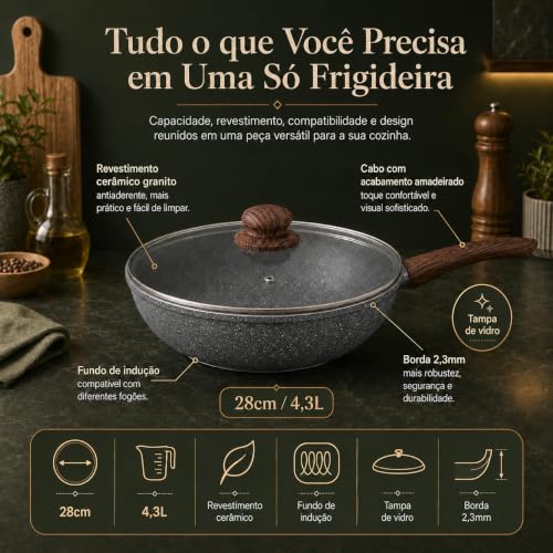 Frigideira Wok Antiaderente Revestimento Cerâmico 28cm 4,3 Litros Alumínio 2.3mm com Tampa Vidro Fundo indução, Cabo Baquelite Antitérmico (Granito)