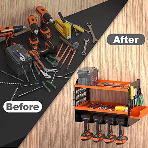 Power Tool Organizer Wall Mount - Heavy Duty Drill Holder with 4 Drill Storage Slots & 2 Large Capacity Compartments, Cordless Drill Storage Rack & Garage Drill Charging Station