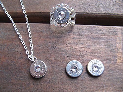 Bullet Jewelry Set with 357 Caliber Bullets - Pick your color - Bullet Earrings - Bullet Necklace - Bullet Ring with Swarovski Crystal Accents