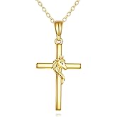 DOVRAN 14K Gold Horse Cross Necklace for Women Cross Pendant Solid Gold Horse Jewelry Gifts for Her