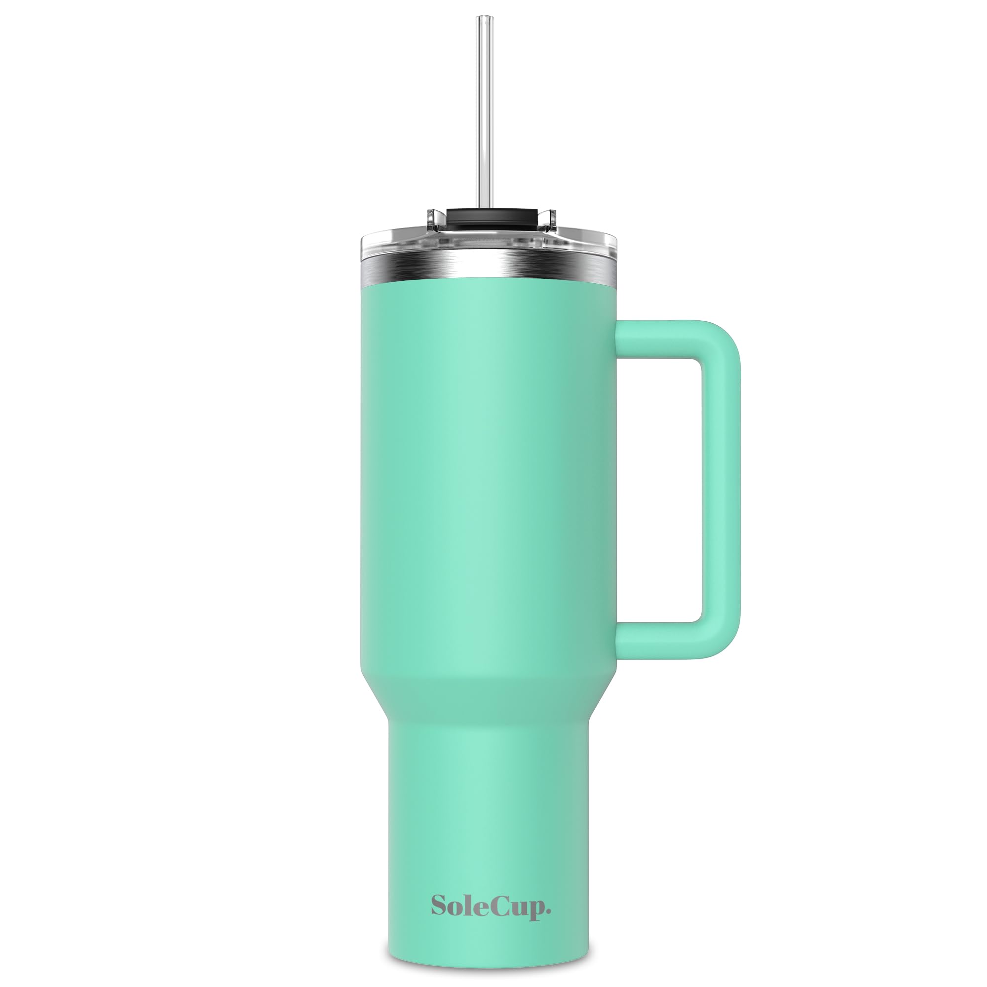 SoleCup. 40oz Travel Mug with Handle, Lid and Two Straws, Drinks Stay Hot for 8 Hours, Cold for 24 Hours, Double Wall Vacuum Insulated Stainless Steel Tumbler… (Mint, 40oz)