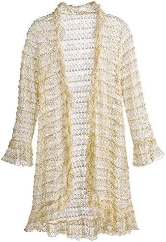 Kaktus Women's Open-Front Cardigan- Crocheted Ruffled Gold Threaded Long Tunic Sweater - 2X