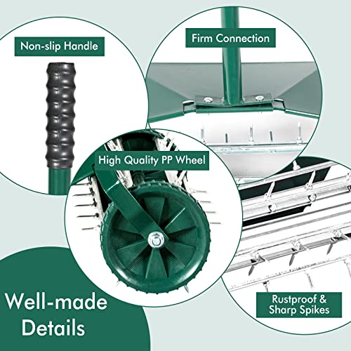 GYMAX Lawn Aerator, Rolling Aerator with Fender, AntiSlip Handle & Tine Spikes, Push Plugger