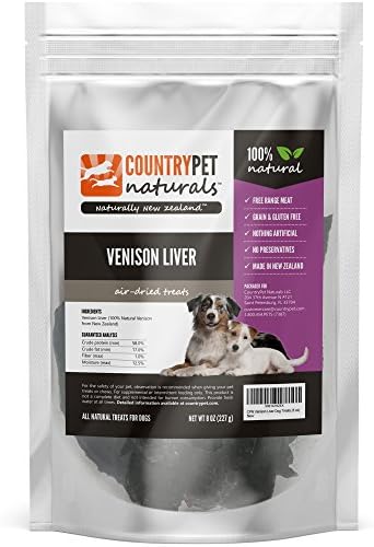 Venison Liver Treats for Dogs by CountryPet Naturals (8 Ounces) - Air Dried, Healthy Snack and Training Reward - 100% Natural, Grain Free, Gluten Free, Single Ingredient - Made in New Zealand