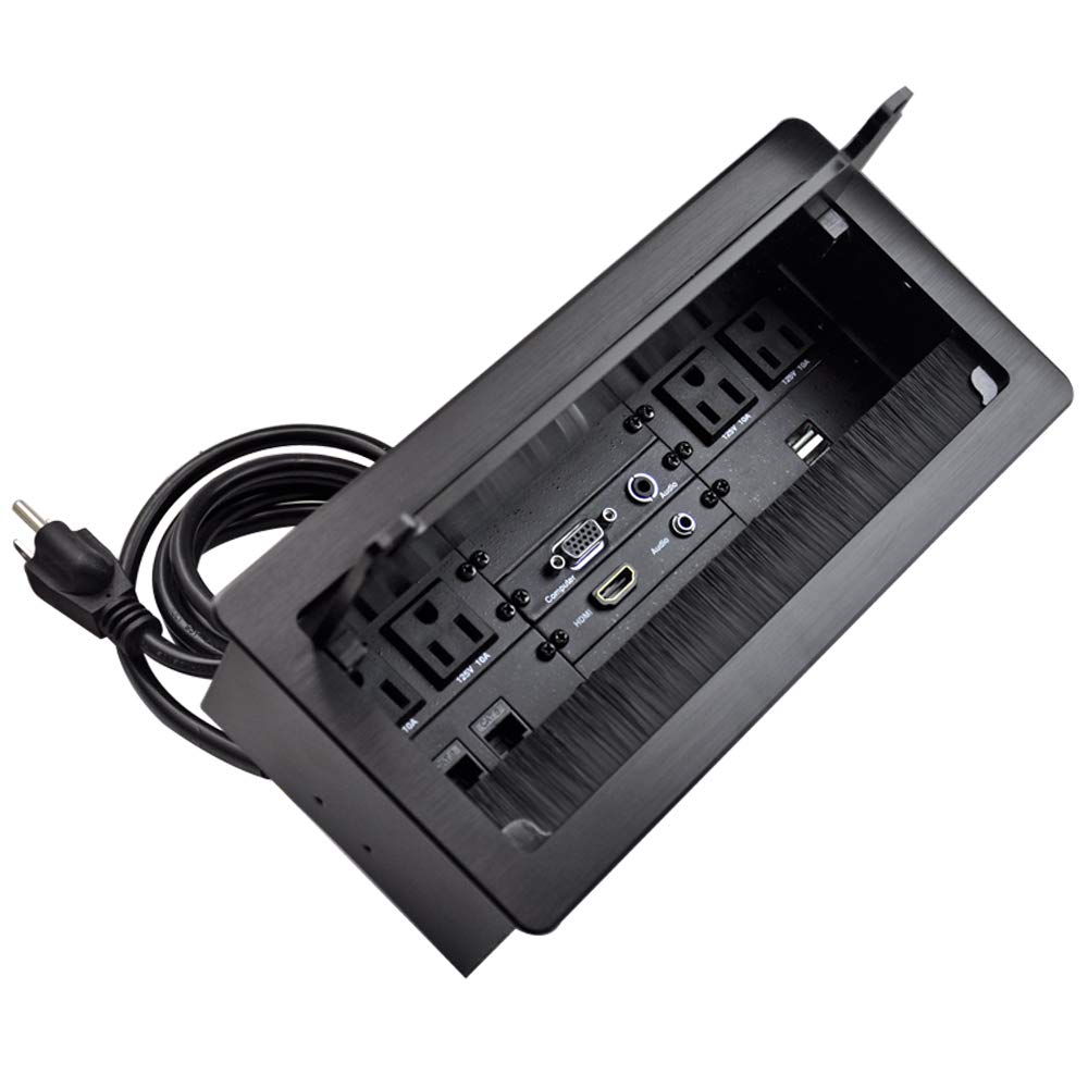 Photo 1 of Conference Table Power Brush Connectivity Box with 4 AC Power + 2 RJ45?CAT6? + 2 Audio 3.5mm + 1 VGA + 1 HDMI + 2 USB Charger with 5.58ft Power Cord … (Black)