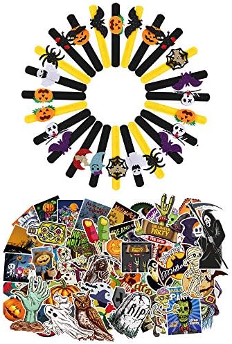 YNOUU Snap Bracelet Kids Halloween Party Favours Spider Pumpkin Bat Design Pack of 24 and 100pcs stickers