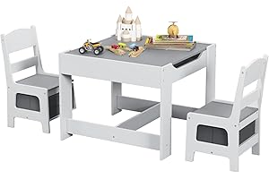 Costzon Kids Table and Chair Set, 3 in 1 Wooden Activity Table with Storage Drawer, Detachable Tabletop for Children Drawing Reading Art Craft, Playroom, Nursery, Toddler Table and Chair Set, Gray