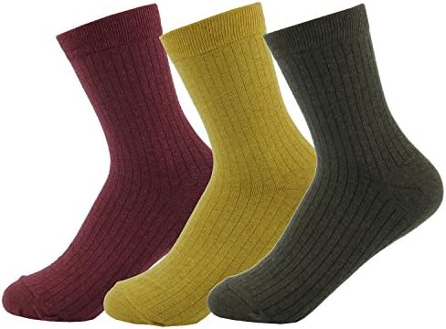PnD Women's Assorted Colorful Cotton Casual Ribbed Crew Socks 3 Pack (A07 - Red/Yellow/Brown)