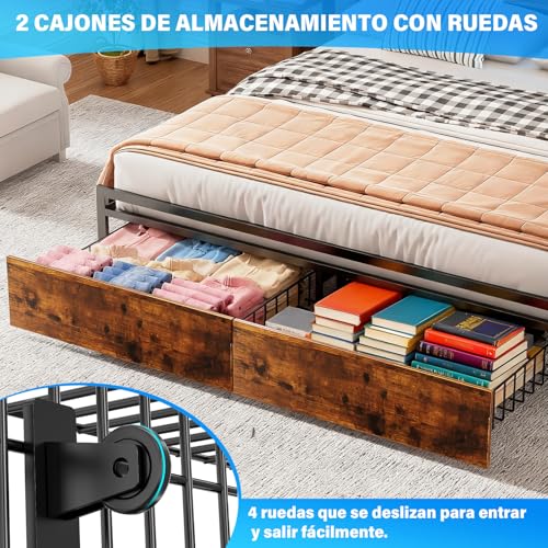 WELIKERA Marco de Cama con 2 Cajones, Base Cama King Cabecera con Luces Led, Base de Cama con Cabecera Estación de Carga USB y Espacio de Almacenamiento, Cama King Marco de Cama Fácil Montaje