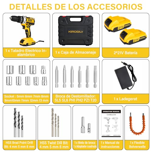 KIROGILY Taladro Inalámbrico, 3 en 1 Desarmador Electrico Inalambrico Con Kit de Herramientas, Ajuste de Par de 25+3 Atornillado/Taladrado/Impacto,para Reparaciones Domésticas y Tareas Profesionales