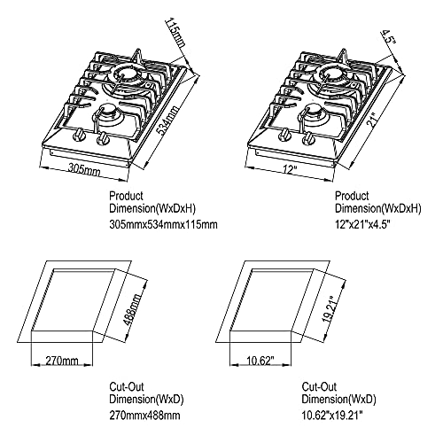 Empava 12" Gas Stove Cooktop with 2 Italy Sabaf Sealed Burners NG/LPG