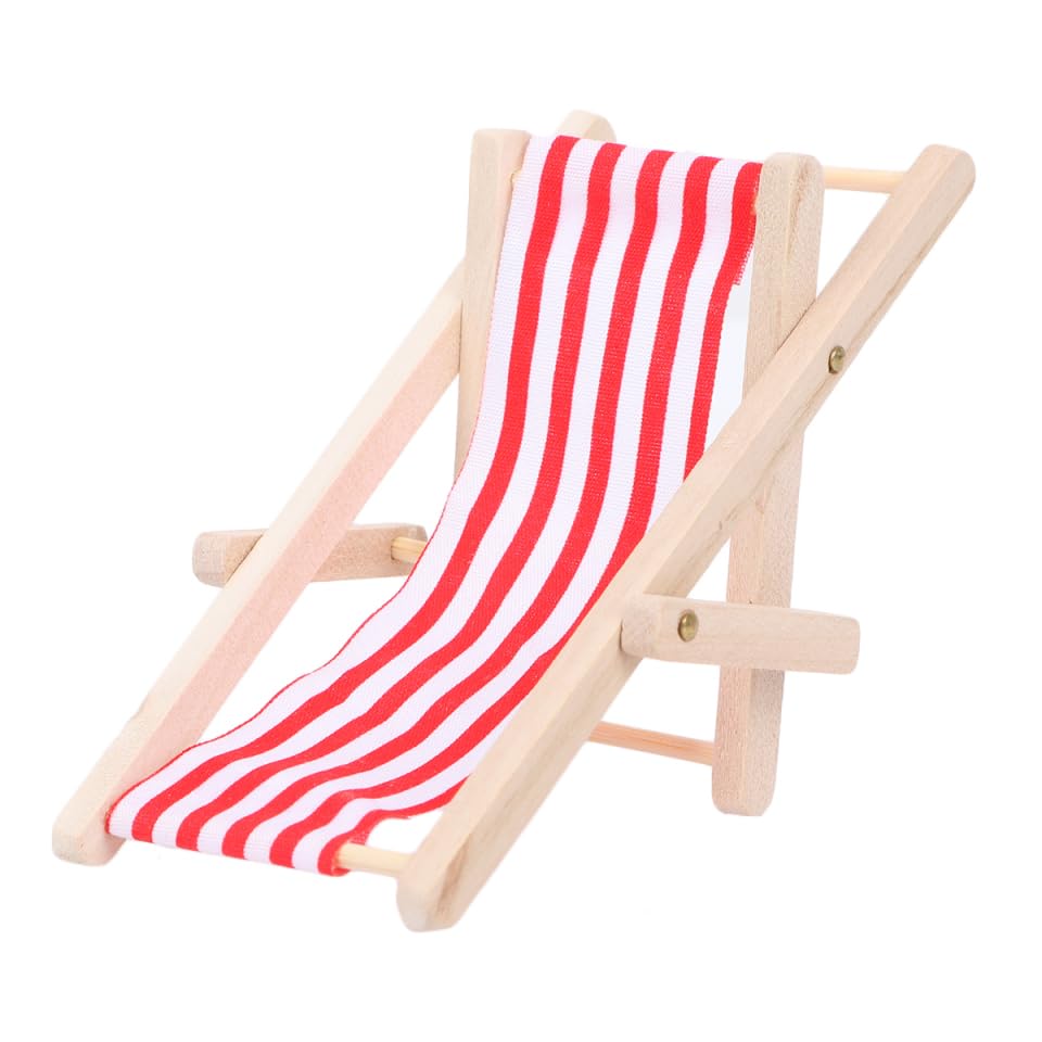 ibasenice Wooden Recliner Model 4.33 Inch Mini Beach Chair Toy Furniture for Dollhouse Kids Diy Outdoor Accessory with Red Stripe