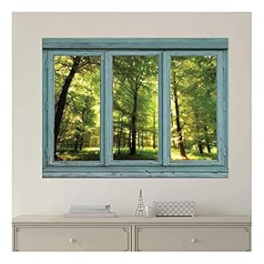 Vintage Teal Window Looking Out Into a Green Forest and Sun Rays Peeking Through - Wall Mural, Removable Sticker, Home Decor - 24x32 inches