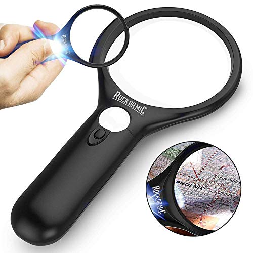 RockDaMic Magnifying Glass 45x 3X [w/ 3 LED Lights] Premium Quality Handheld Magnifier with Light for Kids Reading, Exploring, Inspection