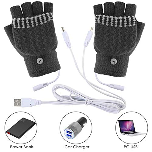 Unisex Women's & Men's USB Heated Gloves Mitten Winter Hands Warm Laptop Gloves,Yinuoday Full & Half Heated Fingerless Heating Knitting Hands Warmer Washable Design (Men Grey) - Thumbnail 5