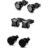 FIBO STEEL 3 Pairs Stainless Steel Black Stud Earrings for Men Women Hypoallergenic Mens Earrings Stud Set, Black Silver Square Round Diamond CZ Studs Earring Pierced 3mm-8mm
