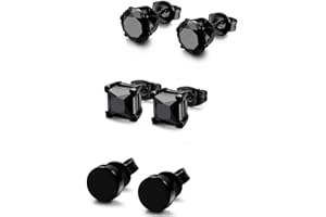 FIBO STEEL 3 Pairs Stainless Steel Black Stud Earrings for Men Women Hypoallergenic Mens Earrings Stud Set, Black Silver Square Round Diamond CZ Stud Earrings Pierced 3mm-8mm