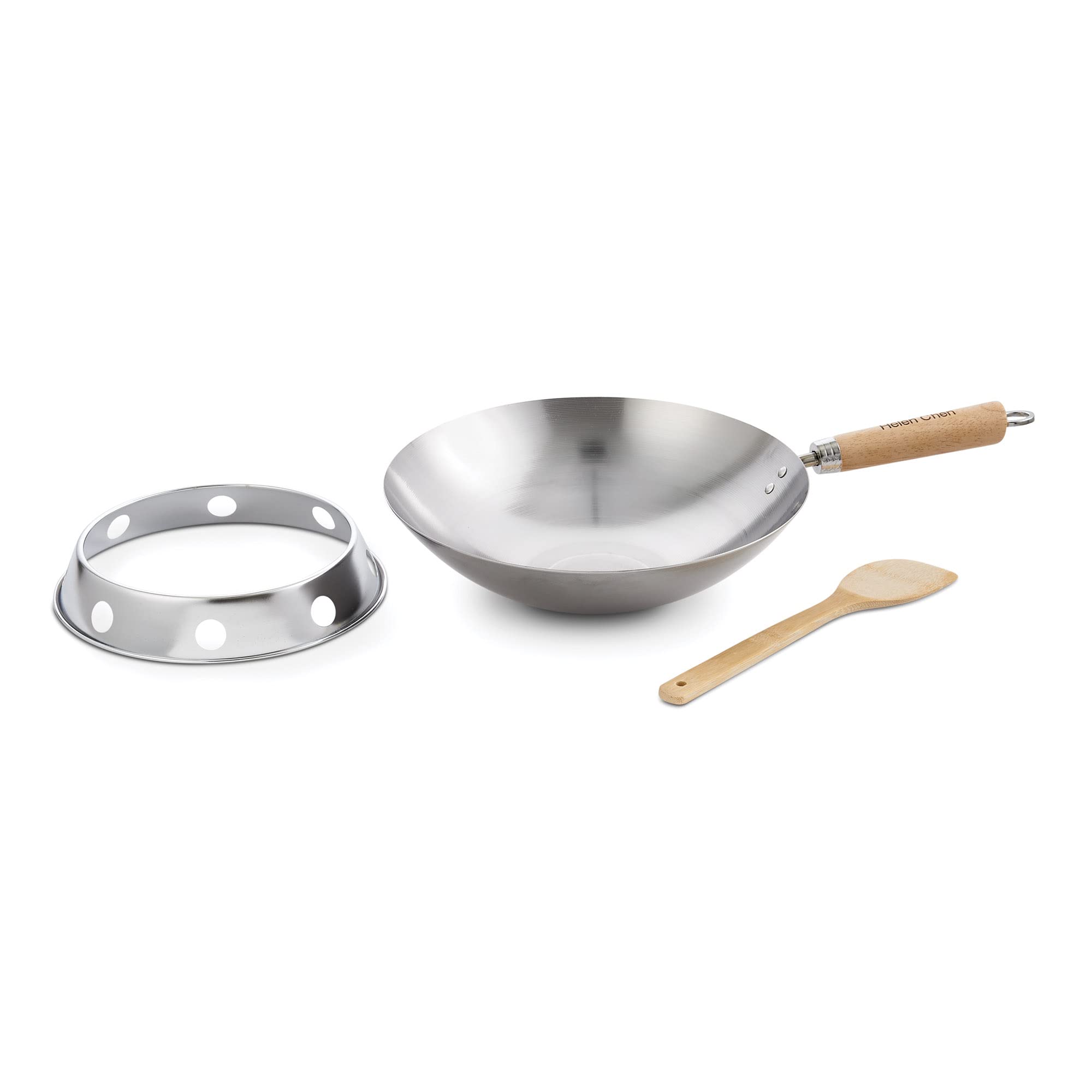 Photo 1 of Helen's Asian Kitchen Round Bottom Wok Set, Carbon Steel and Bamboo, 12-Inches, 4-Piece Set