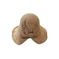 Opla3ofx Summer Handmade Woven Bow Sun Hat Floppy Brimmed Women Girl Straw Bucket Cap Fashionable Khaki