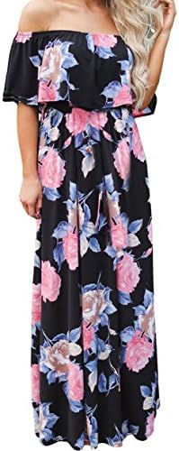 Temestar Women fashion Flower Print Black Grounding Off Shoulder Long Boho Dress
