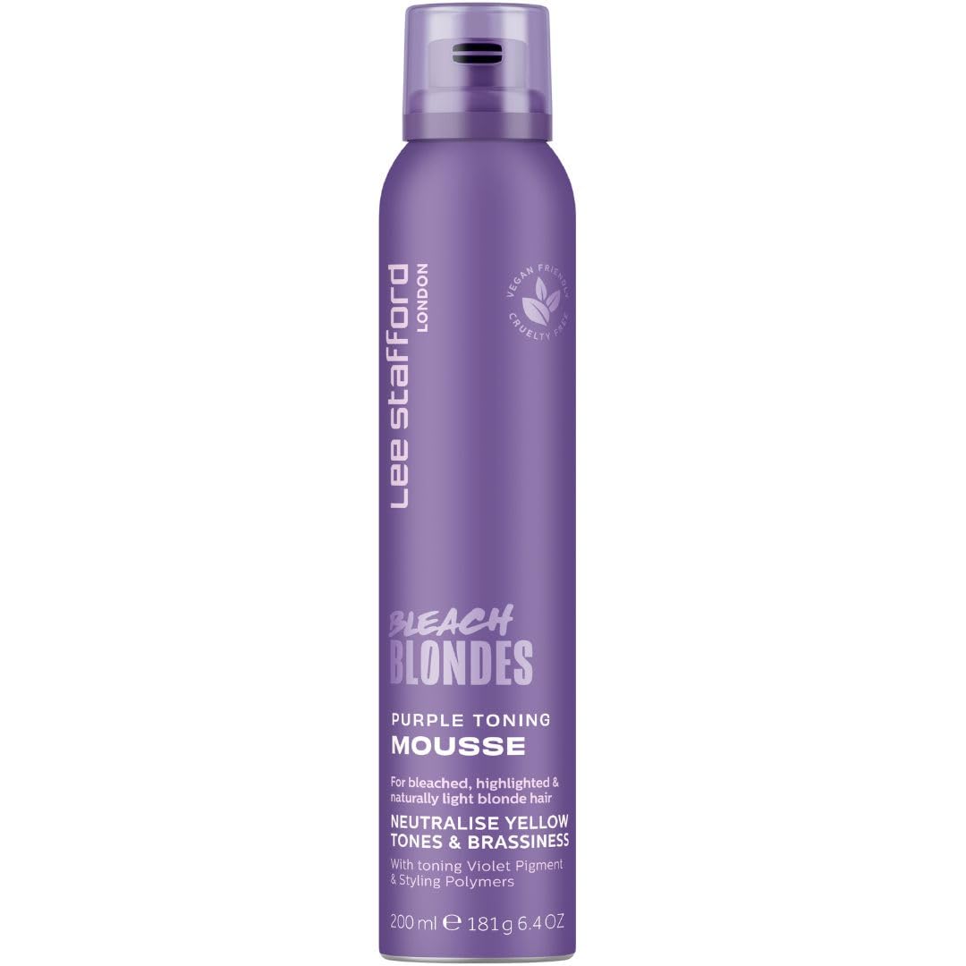 Lee Stafford Purple Toning Mousse | Bleach Blondes Volumising Mousse - Violet Colour Correcting Blonde Toner & Styling Foam, Neutralize Brass & Yellow Tones, for Colored, Silver, & Grey Hair, 200ml
