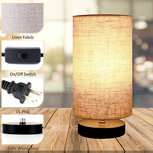 Minerva Wood Table Lamp - Solid Fabric Shade Bedside Desk Lamps for Bedroom, Living Room, Study (Cylinder)