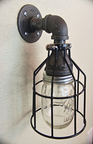 Industrial Wall Sconce Galvanized Pipe Lighting w/ Mason Jar for Kitchen, Bathroom or Outdoor Lighting Sconces Steampunk - Black Cage Modern Industrial Lighting Fixture, Farmhouse Light - Thumbnail 6
