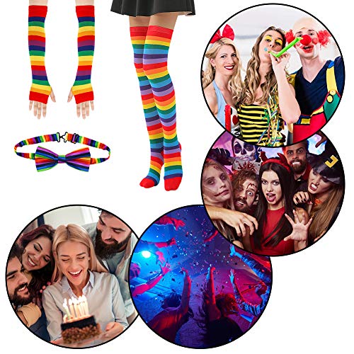 BigOtters Rainbow Socks, 3PCS Colorful Striped Costume Set Knee High Socks Arm Warmer Fingerless Gloves and Bow Tie for Boys Girls Halloween Cosplay Xmas Dress-up Party Favor