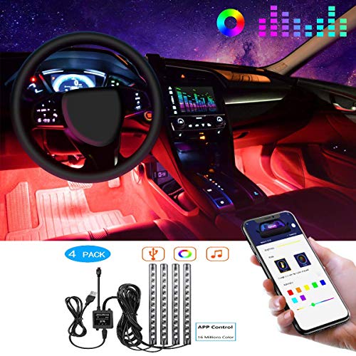 LED Interior Car Lights Bluetooth APP Controller, Ajaol 4pcs 48 LED USB DC 5V Multicolor Music Car Interior Light LED Under Dash Lighting Kit for Auto with Sound Active Function, NO Remote Control