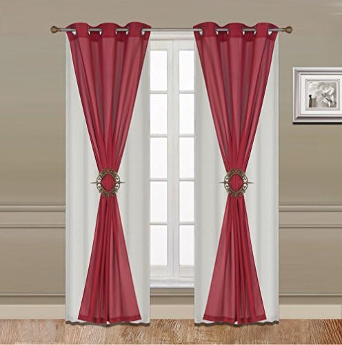WPM 6 Piece Luxury Curtain Set: 2 Piece Faux Linen Grommets Panel + 2 Sheer Voil Grommets Panels (JKA 1632-Burgundy)