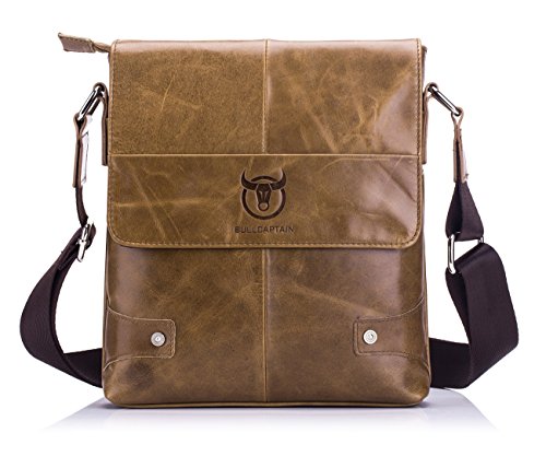 Genuine Leather Men Bags Shoulder Bag Casual Retro Menâ€™s Messenger Bag 11 inch Ipad Satchel Bag (Brown)