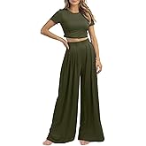 PEIARA Womens 2 Piece Lounge Sets Summer Short Sleeve Crop Top Two Piece Outfit Wide Leg Palazzo Pants Set Matching Tracksuit