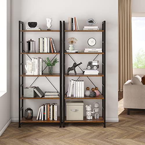 VERMESS Industrial Bookshelf, 5-Tier 24inch Shelving Unit Wood Bookcase with Open Shelves, Standing Bookshelves Metal Frame Display Rack for Living Room,Bedroom, 24.8 * 11.8 * 63 inch，Rustic Brown