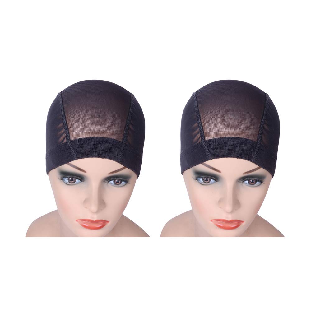 2 pcs Black Mesh Cap for Wig Making Mesh Dome Wig Cap Stretchable Hairnets with Wide Elastic Band (L)