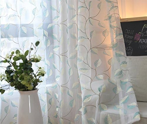 eTRY Sheer Embroidered Teal Blond Leaves Curtain Voile Sheer Window Curtains for Bedroom Grommet Top 52 by 84 Inch Long 1 Panel