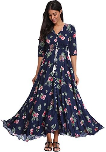 Summer Floral Print Maxi Dress Women Button Up Split Long Flowy Bohemian Beach Party Dresses