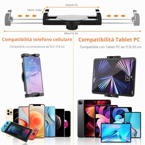Porta Tablet Manubrio Regolabile [Forte Stabilità e Durata] Supporto Tablet per Passeggino Bicicletta Scooter Barca, Morsetto Tubo Palo Asta per iPad Mini Air Pro, Kindle, Galaxy, Cellulare, 4-13"