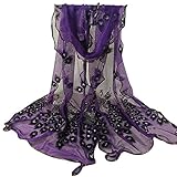 Sanwood Trendy Women Gauze Embroidered Peacock Veil Church Mantilla Scarf Wrap (Dark Purple)