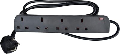 Mercury 4 Gang Extension Lead 2.0m Black UK 13 Amp Rated 4 Socket Power Strip