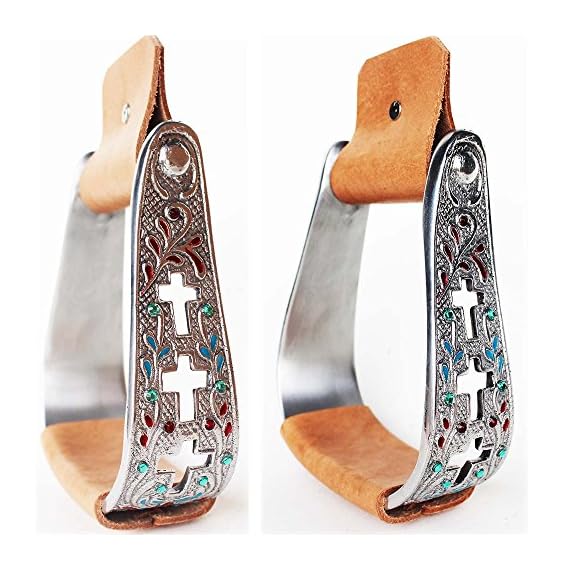 ProRider-Horse-Saddle-Aluminum-Stirrups-Leather-Engraved-Cross-Western-Stirrup-5168B