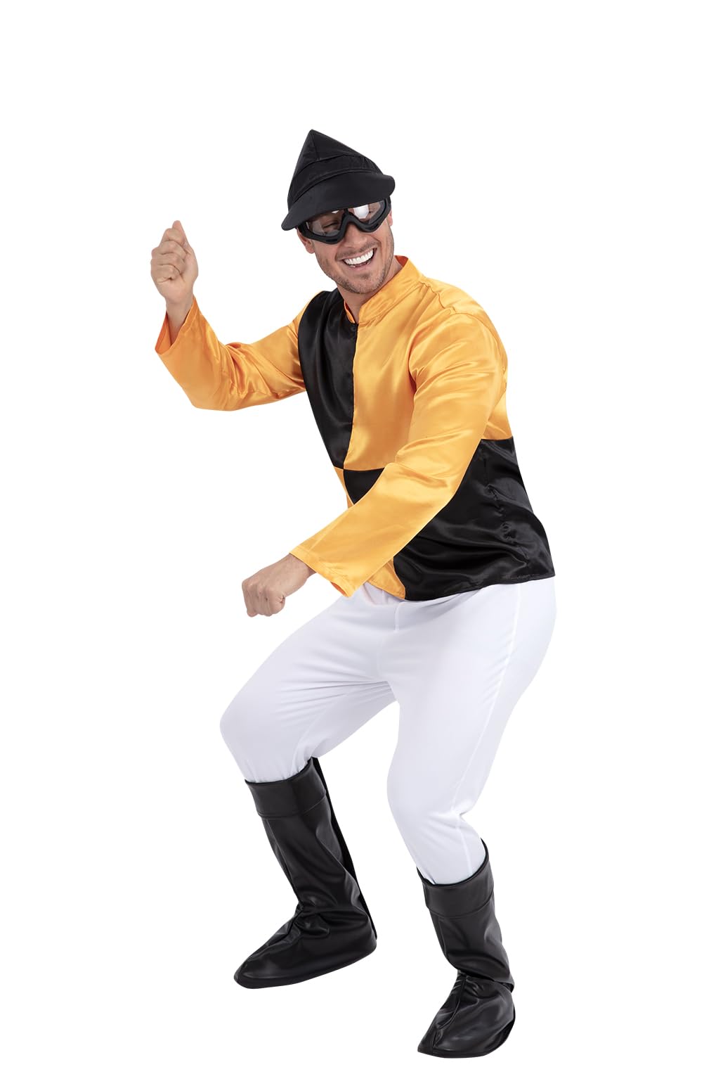 Smiffys Men's Jockey Fancy Dress Costume – Orange & Black Horse Racing Outfit – Adult Rider Silks with Hat, Goggles, Boot Covers & Trousers – Men's Fancy Dress Costume - X Large