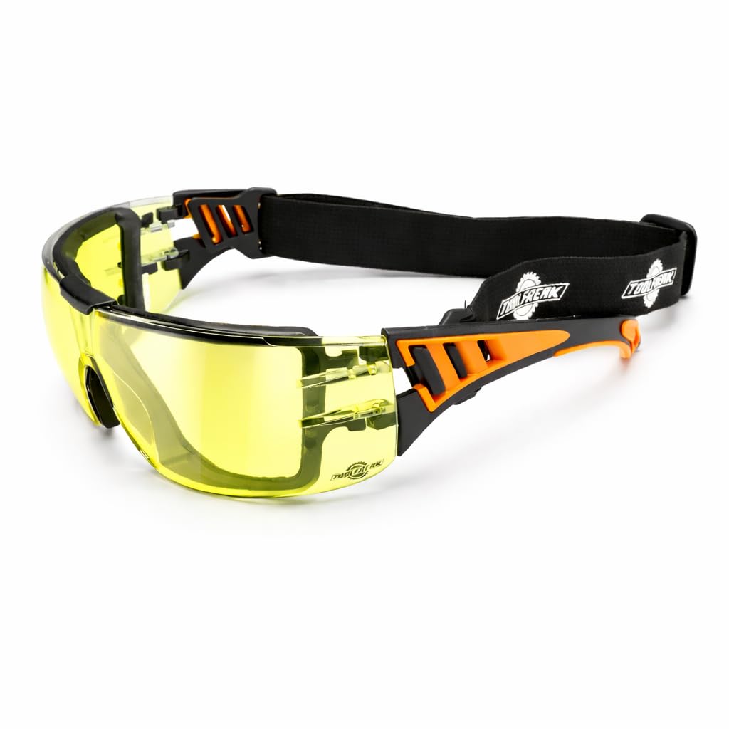 ToolFreak Rip Out Work and Sports Safety Glasses Yellow Lens, Anti Glare Wraparound Lenses, Foam Padded, Impact & UV Protection, Headstrap & Carry Pouch